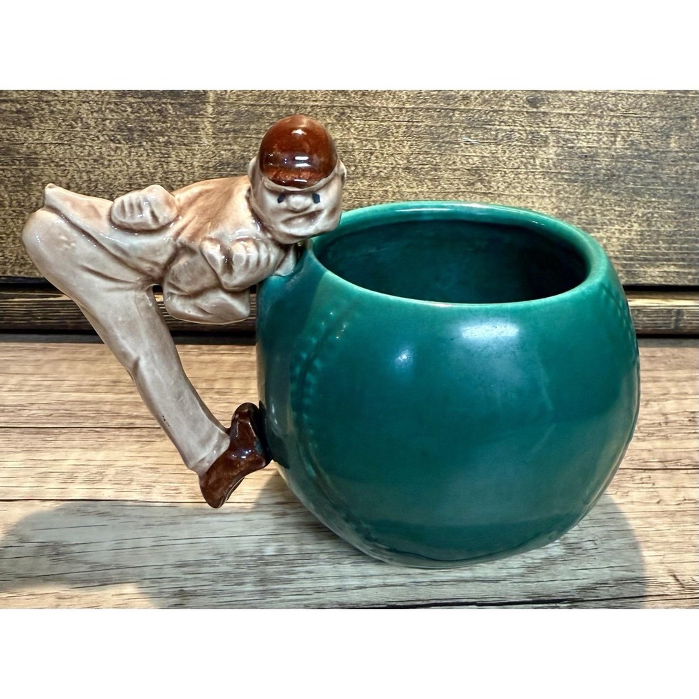 Vintage Ceramic Baseball Pitcher Mug Planter Green‎ Bowl Novelty Signed Japan